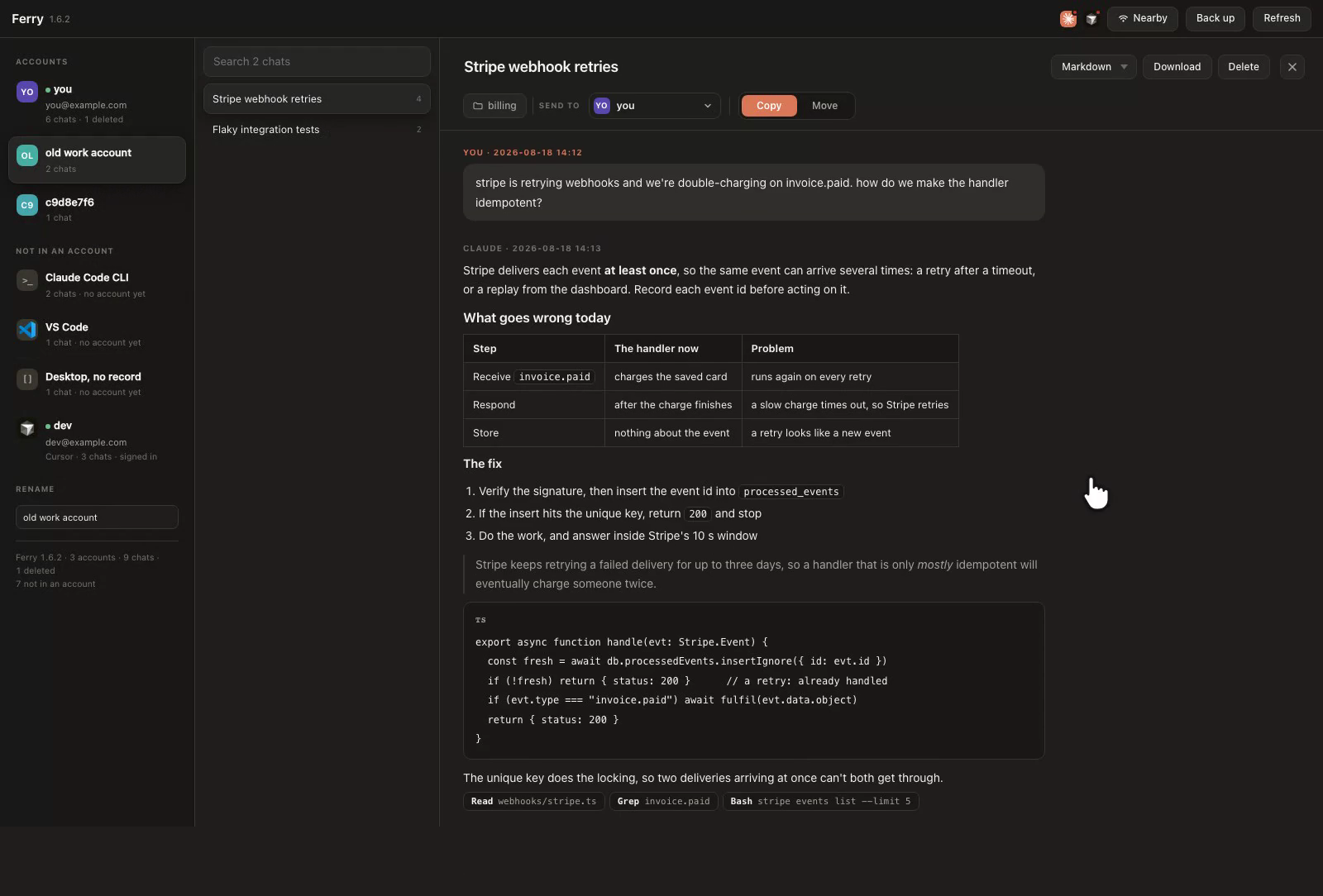 Ferry showing Claude accounts, a chat list, and a conversation rendered with tables and code blocks